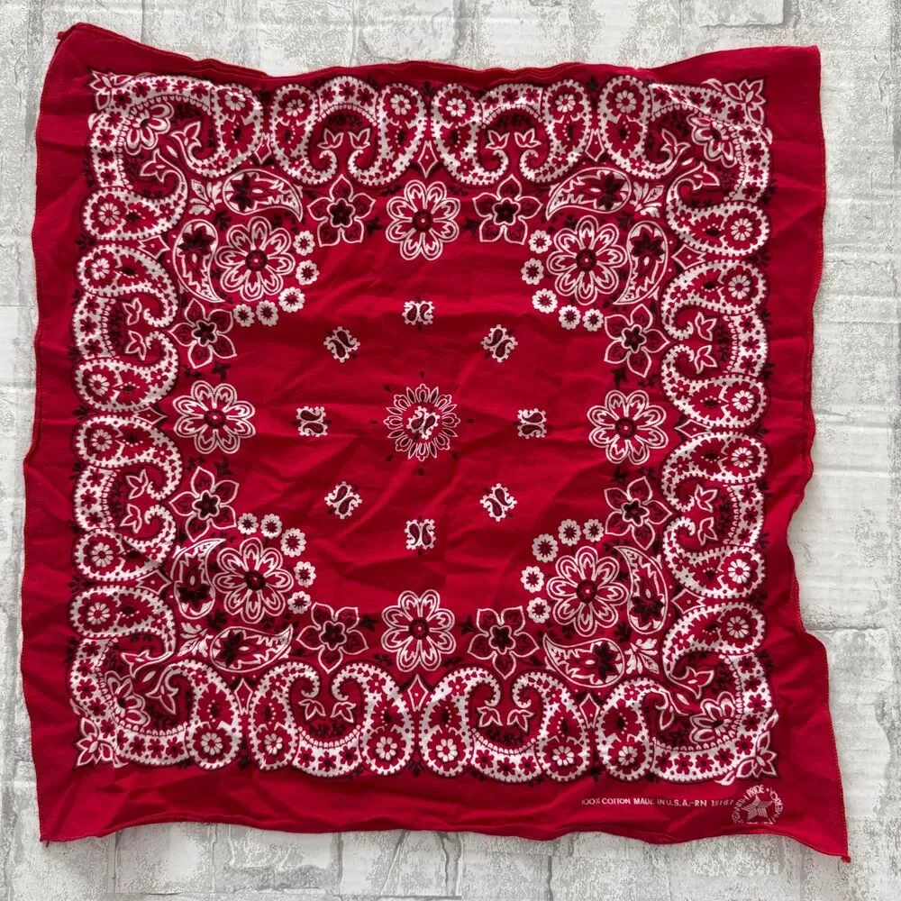 VTG Bandanna Made In USA Red Paisley 100% Cotton Americana Biker